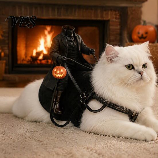 Cute Dog Clothes for Party Headless Horseman Cat Costume, Halloween 3D Funny Rider Pet Outfit with Pumpkin Comfortable Costume Accessory Lantern,