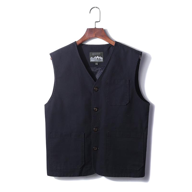 Extra Large Collarless Cotton Vest with Multiple Pockets for Spring/Autumn Outdoor Workwear