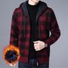 Winter Thickened Woolen Coat Young Men's Cardigan with Pocket Plaid Hooded Long-sleeved Knit