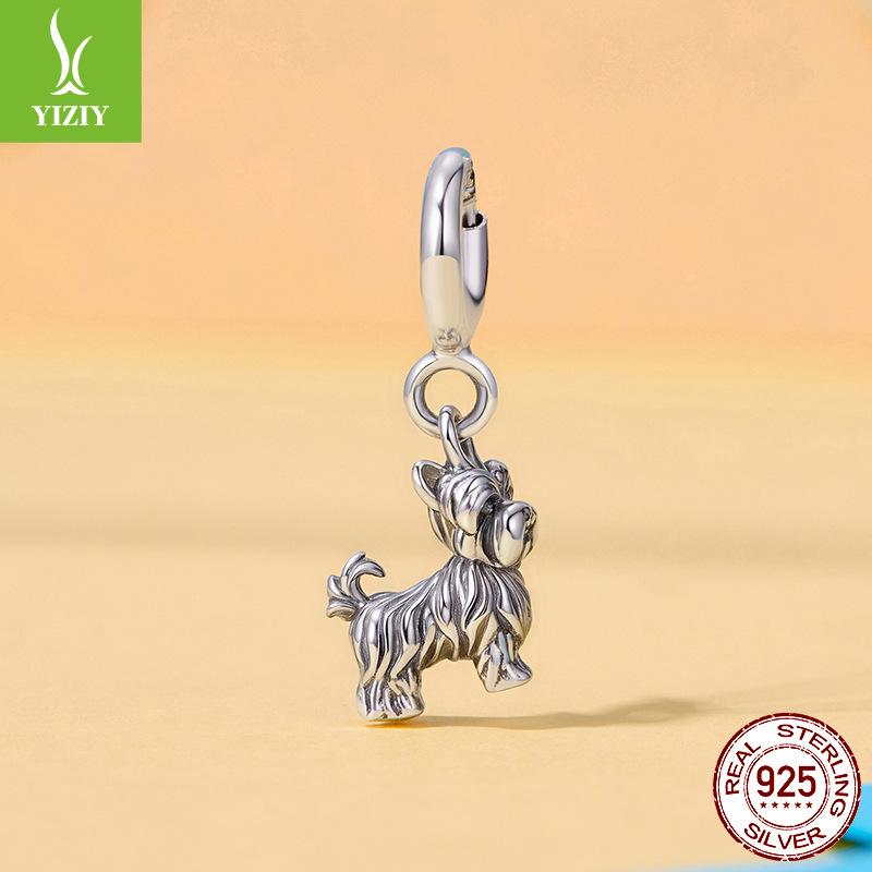 S925 Sterling Silver Yorkshire Dog Pendant Opening Button Cute Dog Sterling Silver Beaded Accessories