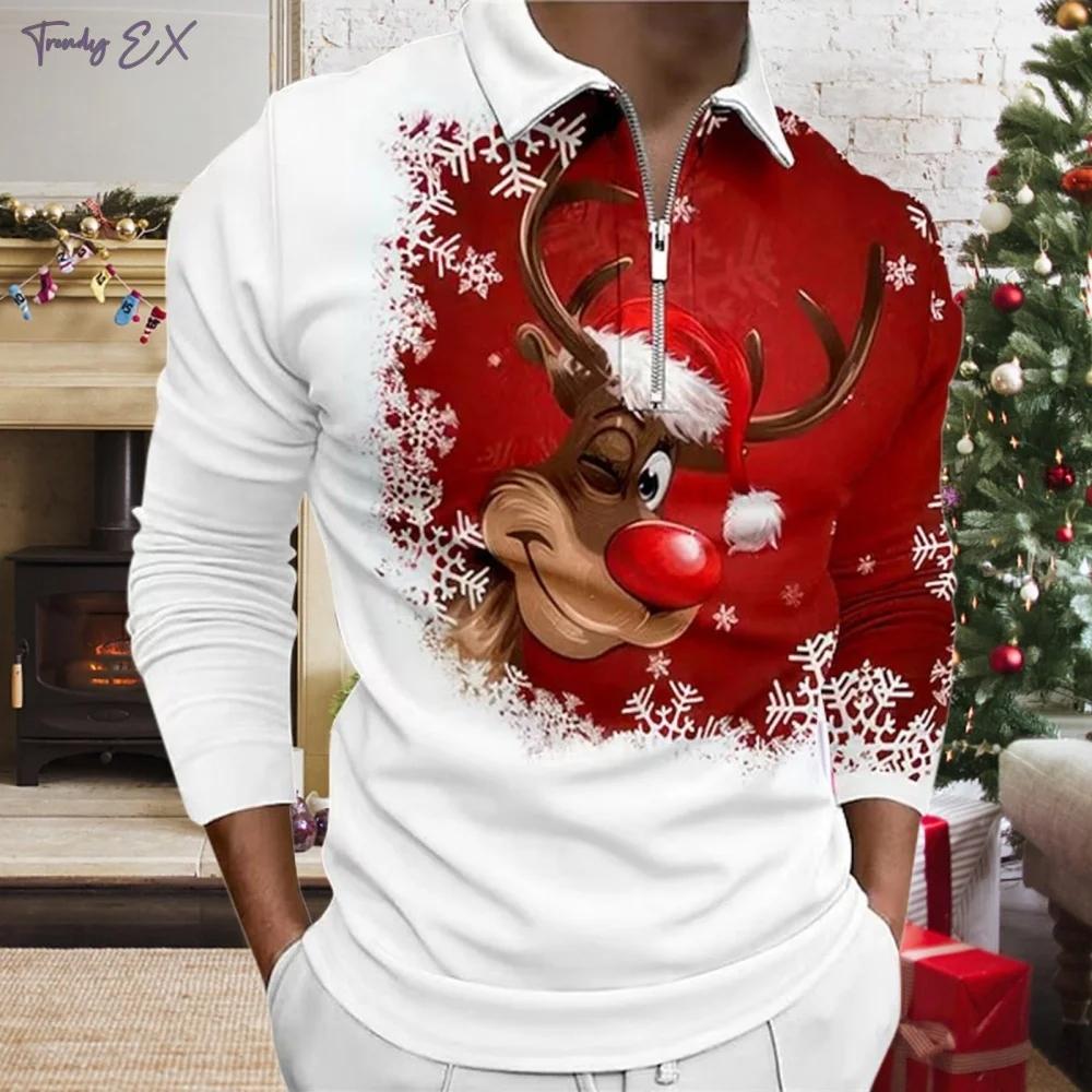 Рождественская футболка поло для мужчин с графическим принтом, повседневная с лацканом, одежда для гольфа, мужская футболка, топы, модная спортивная с длинным рукавом, мужская одежда