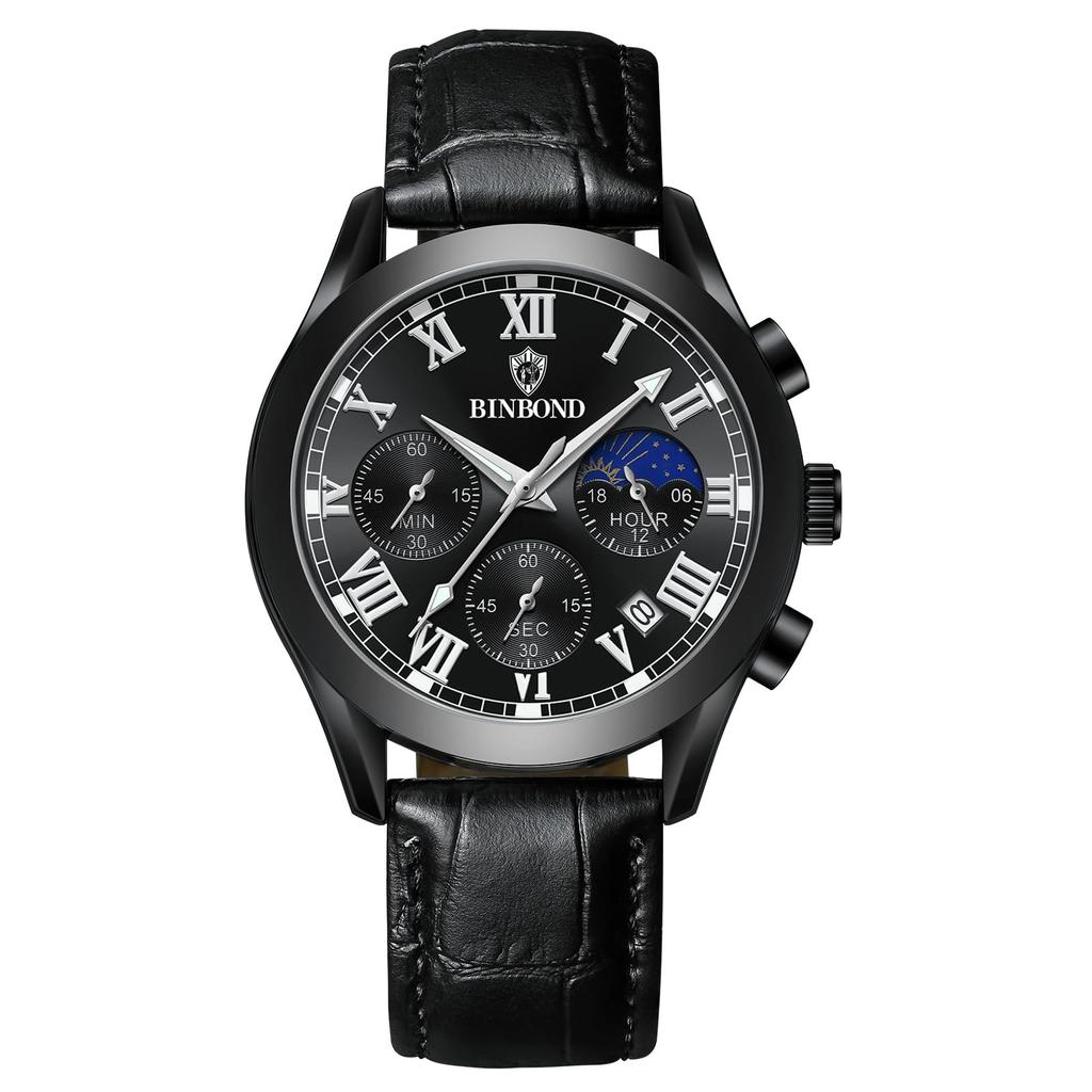 Genuine Leather Strap Calendar Roman Alphabet Luminous Analog Starry Sky Waterproof Leather Belt Simple Stylish Quartz Black Fashion Accessories