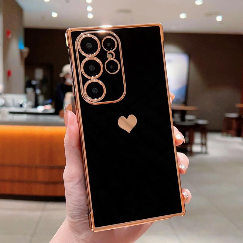 Solid Color Love Heart Print Slim Case For Samsung Galaxy S25 Ultra S24 FE S23 S22 S21 A16 A55 A15 A35 A25 A14 Plating TPU Soft Shockproof Phone Cover