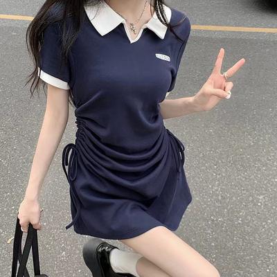 Женское платье-поло с цветами, простое синее платье для девочек, модное платье с контролем живота