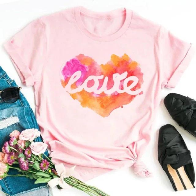 Сердце Музыка Нота Розовый Принт Женская Футболка Короткий Рукав O Шея Свободная Женская Футболка Женская Футболка Топы Одежда Camisetas Mujer