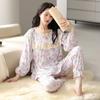 Large Size Plus 100 Pounds Pajama Suit Women's Spring and Autumn Pure Cotton Sweet Home Wear New Long-sleeved Trousers Home Wear Set