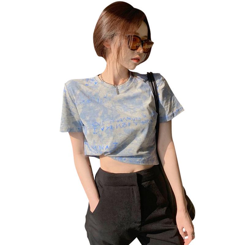 Women's Summer 2024 Korean Tie-Dye Crop Top - Loose, High-Waist, Navel-Baring Short-Sleeve T-Shirt