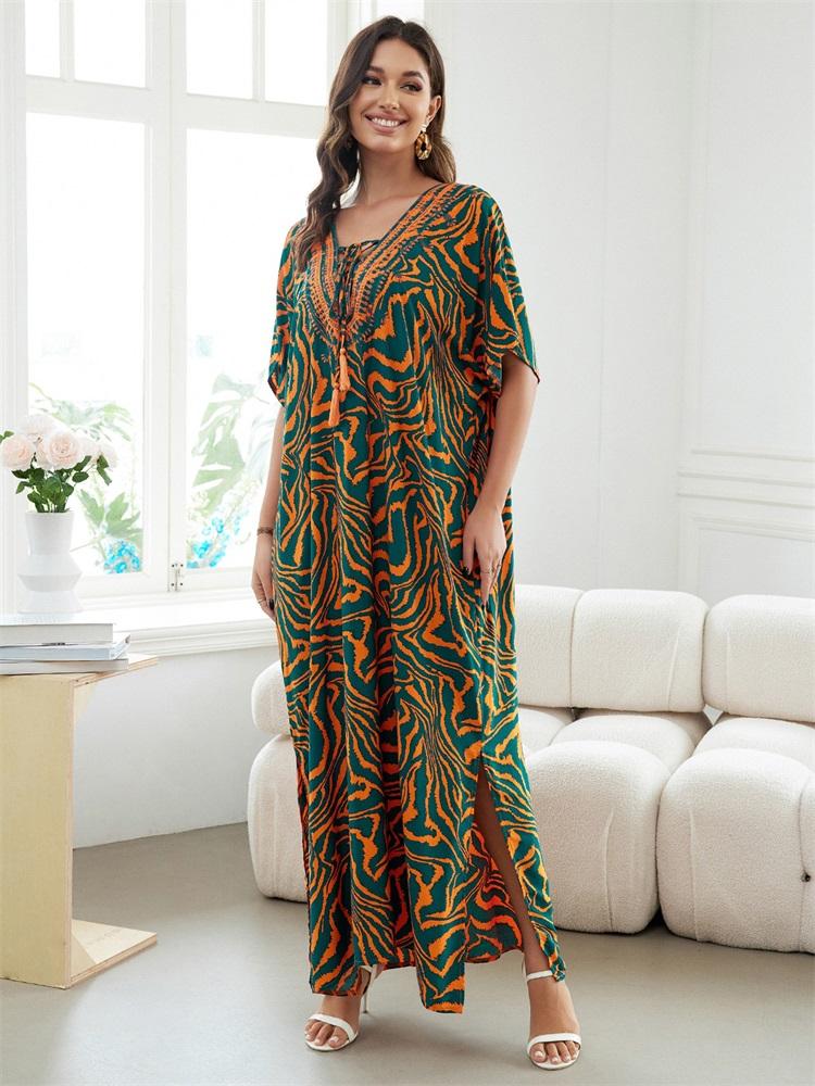 EDOLYNSA 2024 Оранжевый принт зебры, свободный кафтан, сексуальные пляжные накидки для женщин, летний халат с V-образным вырезом и кисточками, завязка по бокам, уютное повседневное домашнее платье