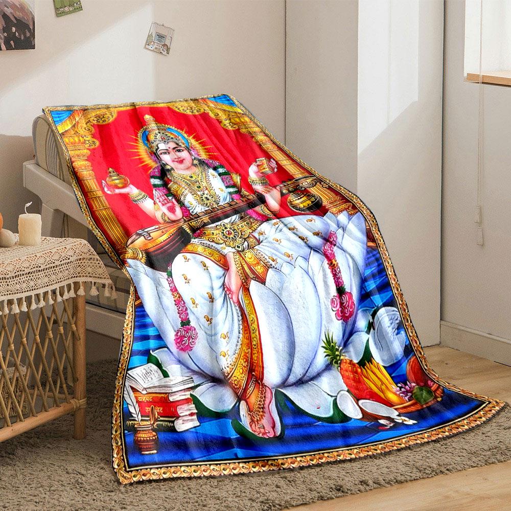 Hindu Deity Lotus Veena Throw Blanket bedroom Blanket for Livingroom Couch lunch break Soft throw for Friend's festival Gift