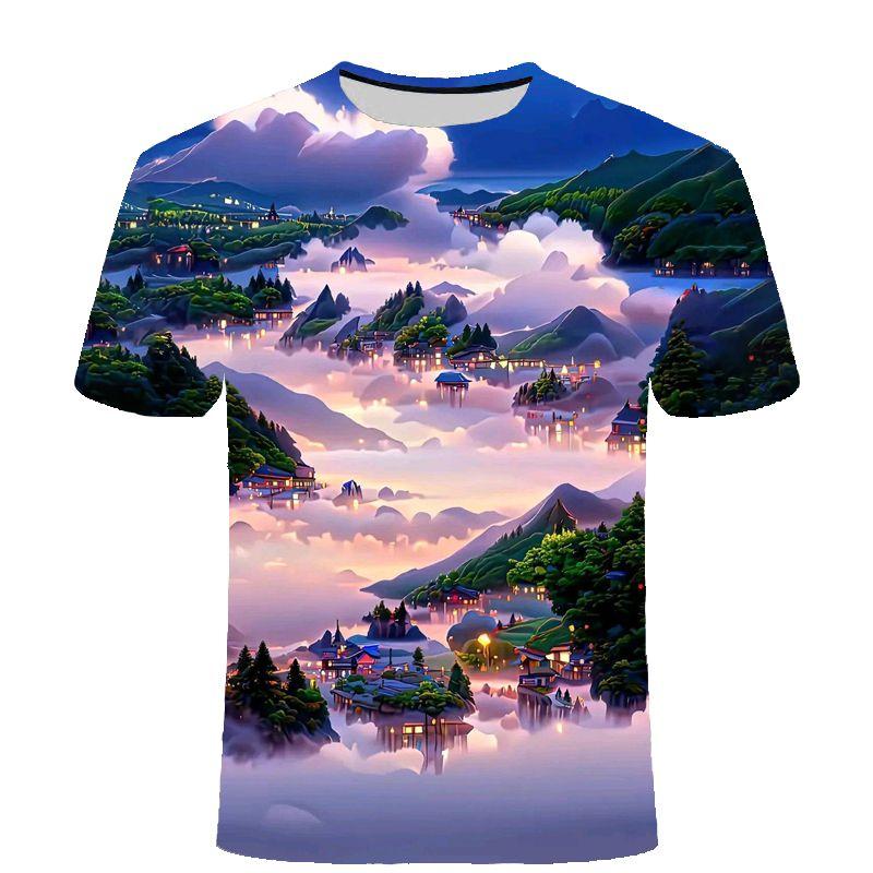 Летняя новинка, топ Four Seasons Landscape Series, 3D-принт с коротким рукавом, повседневная модная мужская и женская футболка