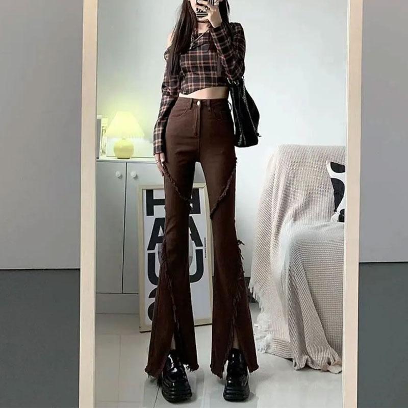 Стильные Джинсы Bootcut с Разрезом и Необработанным Краем Женская Одежда в Американском Стиле Джинсовые Брюки с Высокой Талией Винтажные Узкие Однотонные Брюки с Аурой