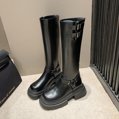 2024 Новые зимние джинсовые сапоги женские ретро коричневые с пряжкой на ремне с круглым носком высокие сапоги длиной до колена