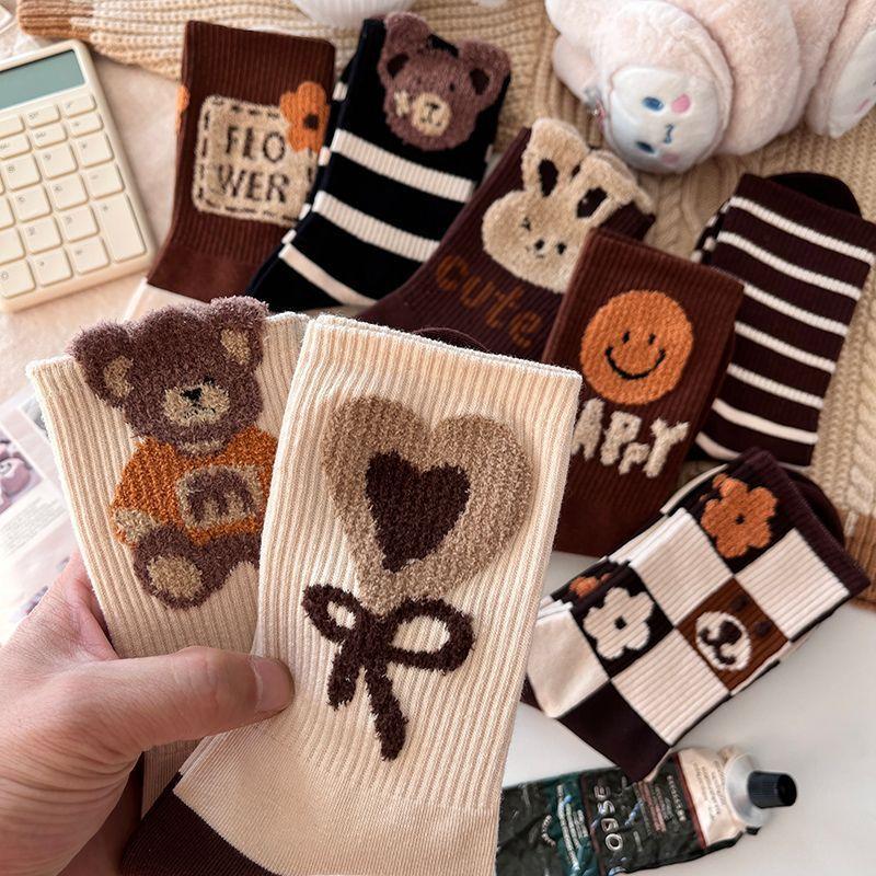 Кофейные носки женские полосатые чулки с перьями из пряжи медведя милые мультяшные носки Майяра