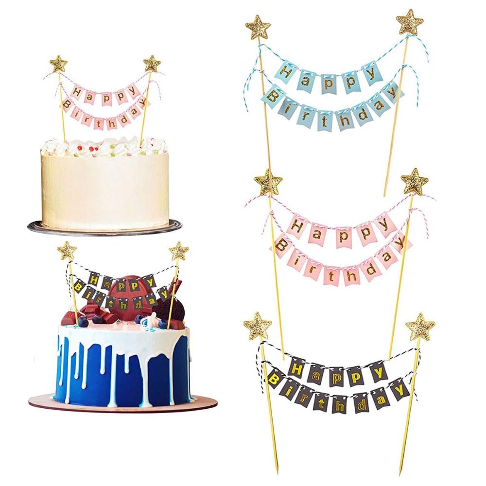 Adults Bunting Happy Birthday Gold Banner Baking Decoration Cake Flags Cake Topper Party Supplies