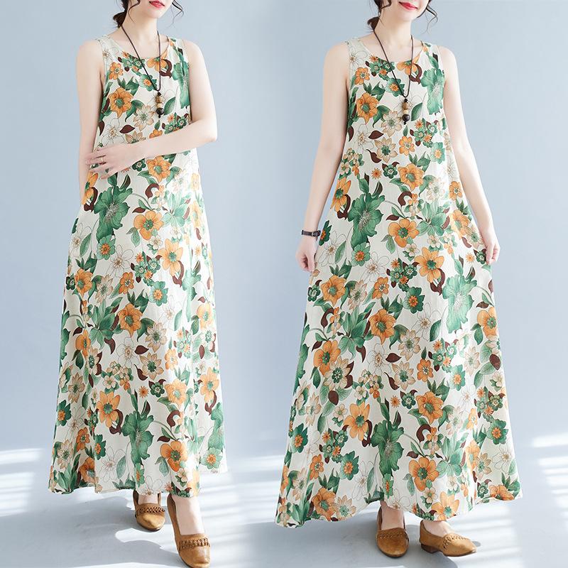 Summer Loose Cotton Linen Printed Sleeveless Dress Women's Vest Casual Dresses