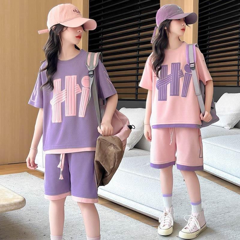 Summer Girls'  T-Shirts Sets Outfit Kids Short Sleeve Tops+Shorts 2Pcs Children Clothes Teen Loose Casual Suits Sporty Outfits