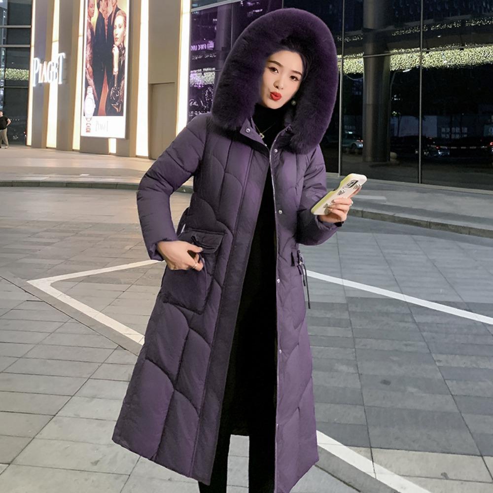 Женская длинная хлопковая одежда выше колена однотонного цвета, новая осенне-зимняя корейская версия, приталенная, модная, с большим меховым воротником, хлопковая одежда