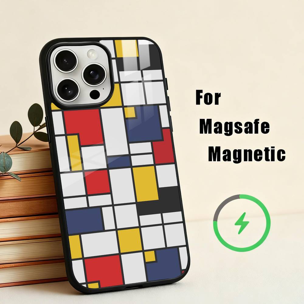 Grid T-TOPLBPCS M-Mondrian Phone Case For iPhone17,16,15,14,13,12,11 Plus,Pro Max Magnetic For Magsafe Wireless Charging