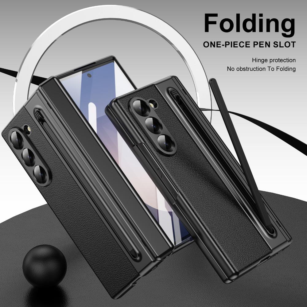 Leather Glass Film Pen Slot with Pen Phone Case for Samsung Galaxy Z Fold 6 5 4 3 Fold6 Fold5 Hinge Protection Shockproof Cover