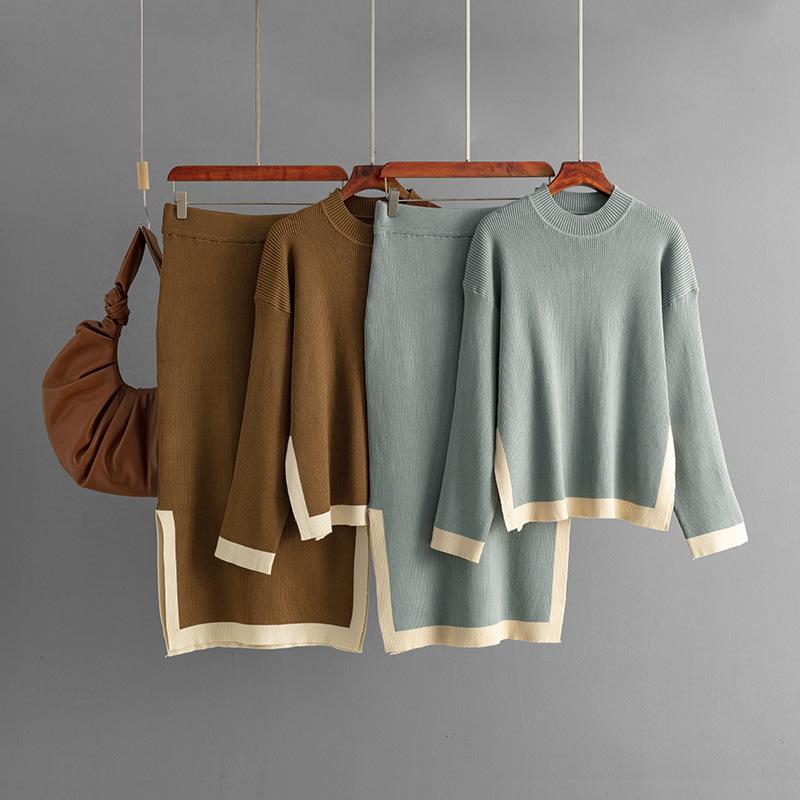 Осенний теплый трикотажный комплект из 2 предметов, женский свитер с длинным рукавом и круглым вырезом + юбка с эластичной резинкой на талии, зимние повседневные комплекты с цветными блоками