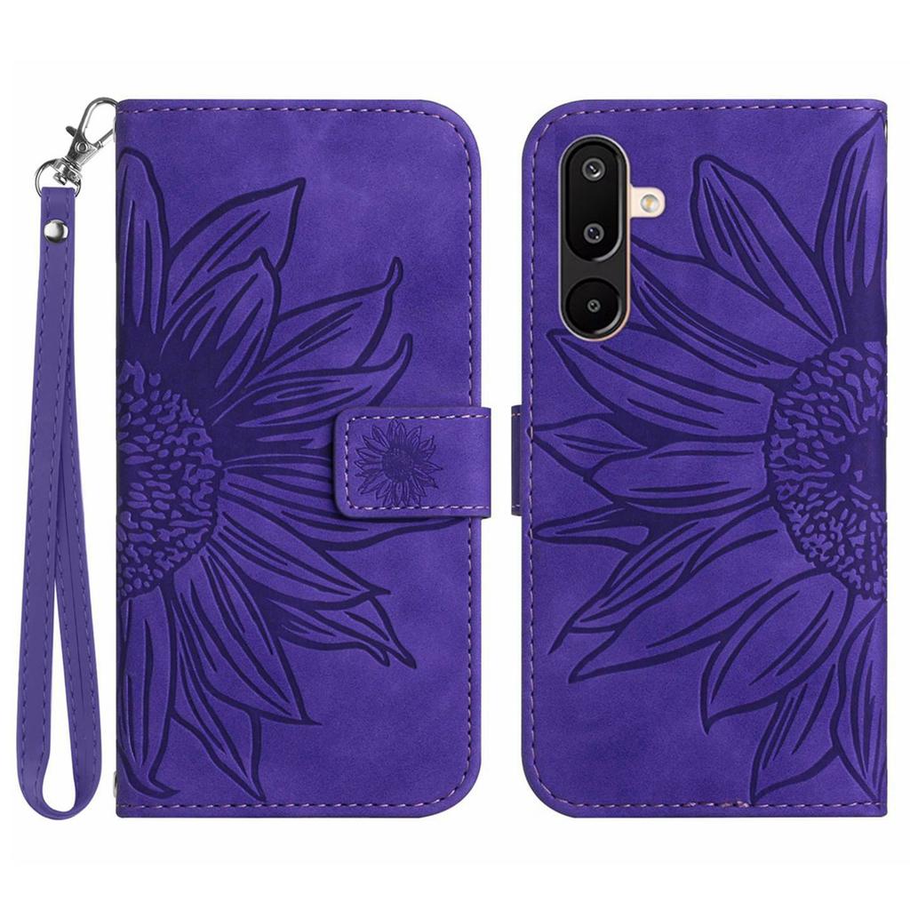 For Samsung Galaxy M16 5G/F16 5G Case Sunflower Imprint Leather Wallet Phone Cover with Wrist Strap