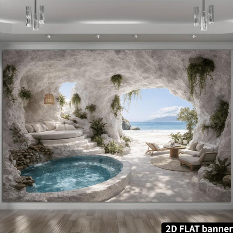 2D flat white cave-themed seascape backdrop suitable for living rooms bedrooms live streaming studios and guesthouse