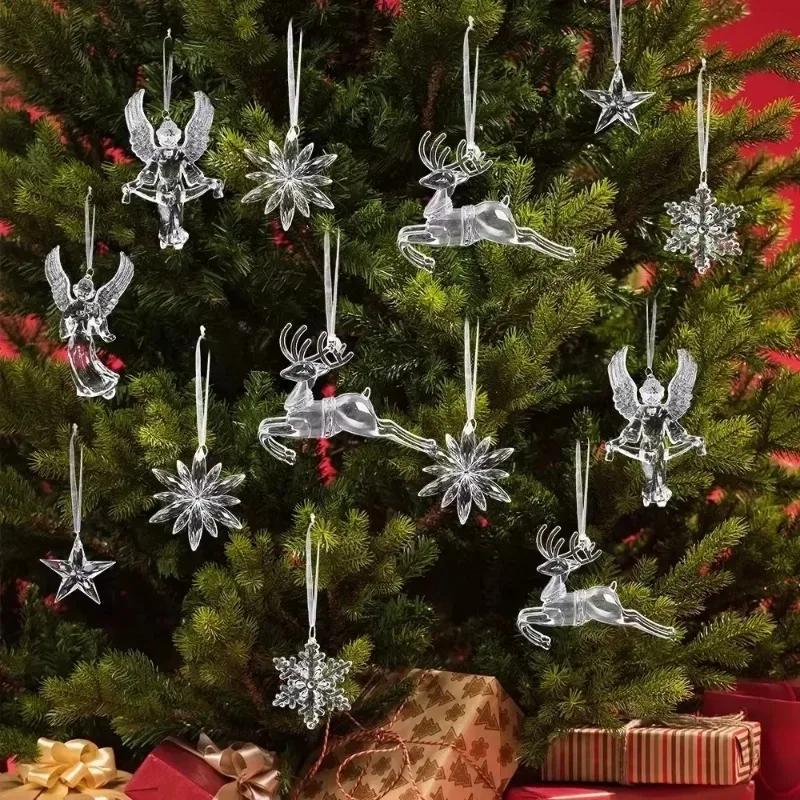 12pcs Christmas Acrylic Snowflake Ornament Crystal Clear Icicle Christmas Tree Pendants Holiday Winter Party Hanging Ornament