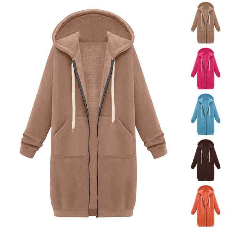 Winter Windproof Women's Casual Zip Up Hooded Jacket Long Tunic Sweatshirt With Pockets Drawstring Outerwear