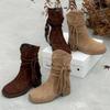 Autumn and Winter New Retro Fringed Thick Heel Short Boots Suede Round Head Stacking Boots Medium Heel Women's Boots