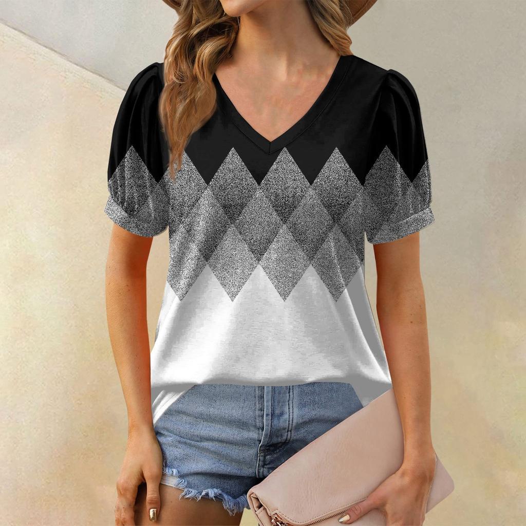Женская модная футболка с коротким рукавом и V-образным вырезом, с принтом в стиле пэчворк, с цветными блоками, свободная повседневная футболка