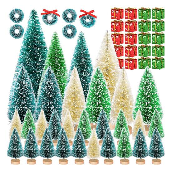 56 Pcs Mini Christmas Trees Set Sisal Snow Frosted Bottle Brush Trees with Wooden Base Miniature Artificial Pine Tree for Winter Home Tabletop Decor
