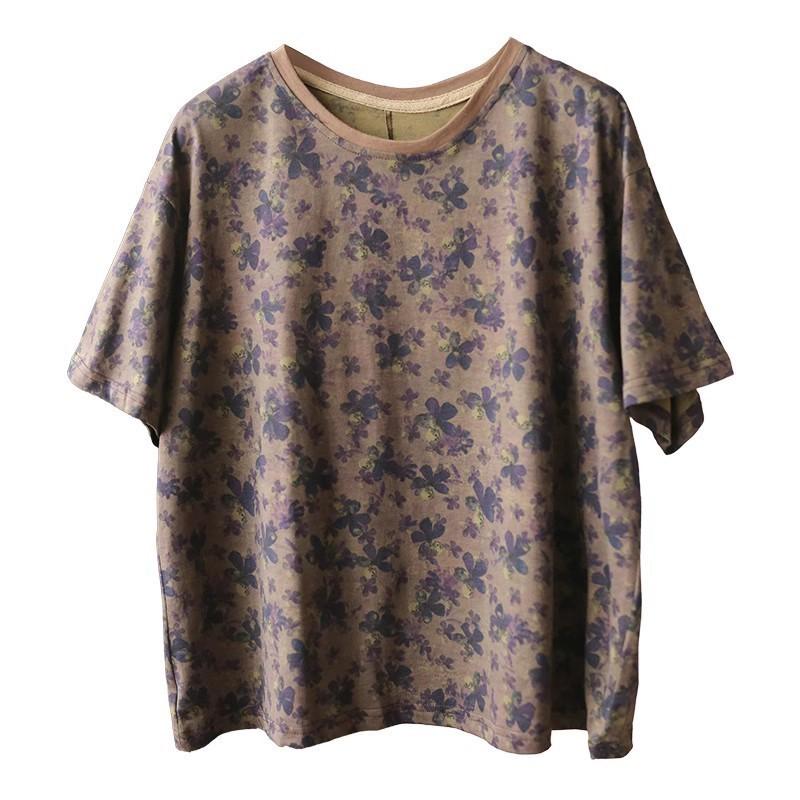 Johnature Женские футболки с цветочным принтом, летние футболки из смеси хлопка с круглым вырезом и короткими рукавами, повседневные футболки, женская одежда