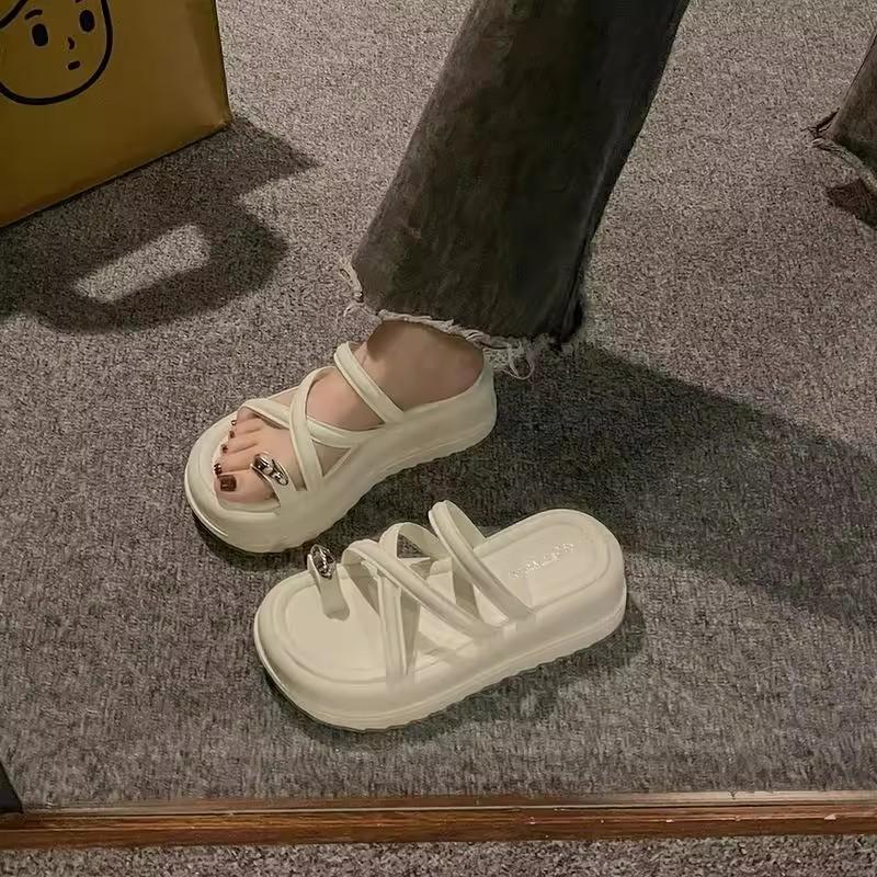 Cool Slippers Women's Outer Wear Summer New Thick-soled Heightening Small Beach Shoes Muffin Bottom Cover Toe Half Slippers