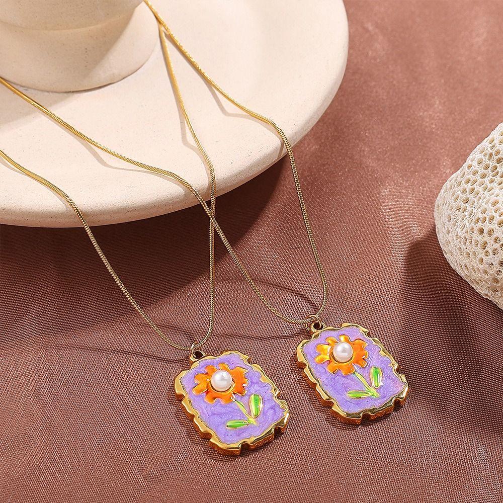 Dripping Oil Stainless Steel Chain Necklace Flower Clavicle Chain Sunflower Enamel Necklace  Girls