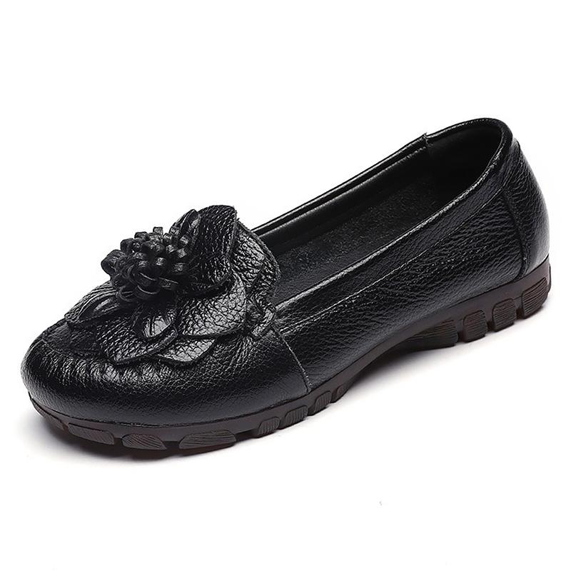 Vintage Summer Genuine Leather Shoes Without Heels Women's Moccasin Woman Ballet Flats Slip On Floral Loafer Ladies Chic Shoes