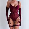 European & American Sexy Mesh Patchwork Bodysuit with Gloves – See-Through, Body-Shaping Lingerie