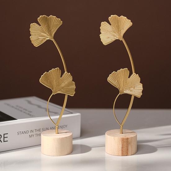 Golden Ginkgo Leaf Decoration with Wood Base Metal Feather Leaves Snowflake Figurine Statue Sculpture Home Office Living