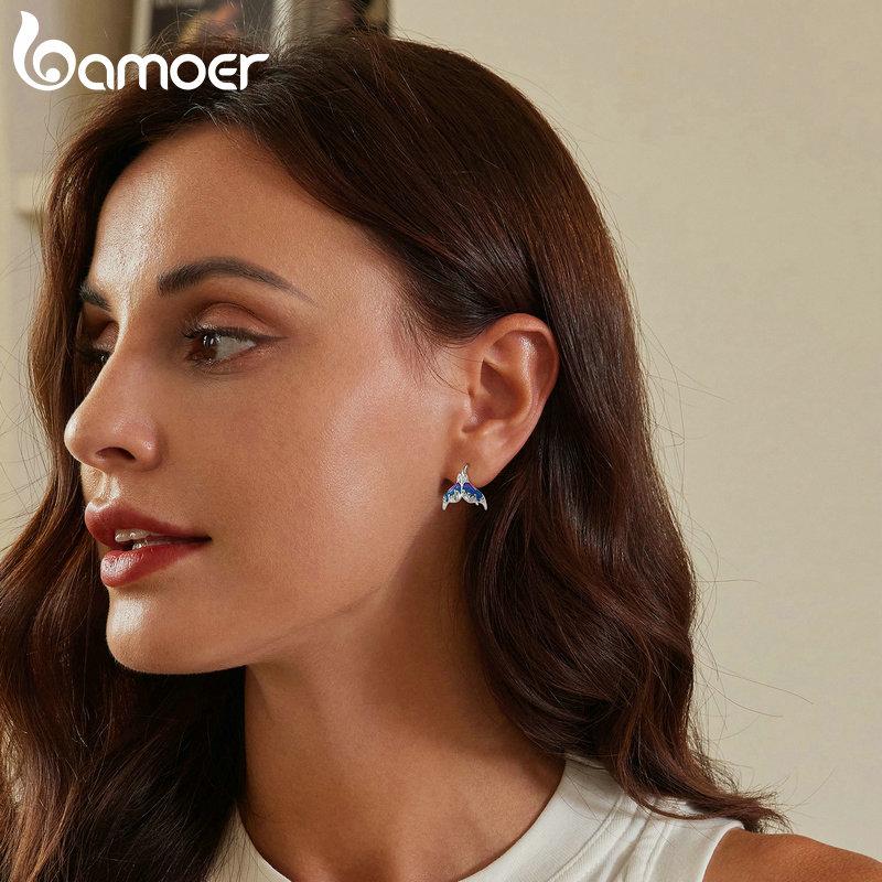 BAMOER стерлингового серебра 925 пробы Фэнтезийный хвост русалки серьги с синей эмалью для женщин вечерние ювелирные изделия в подарок