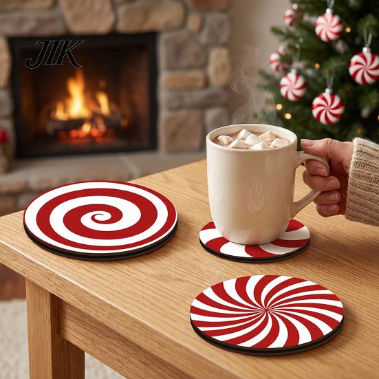 Small Christmas Gift for Friends 4Pcs Red White Spiral Wooden Coasters, Round Peppermint Candy Drink Kitchen Tabletop Protection Heat?Resistant Cup