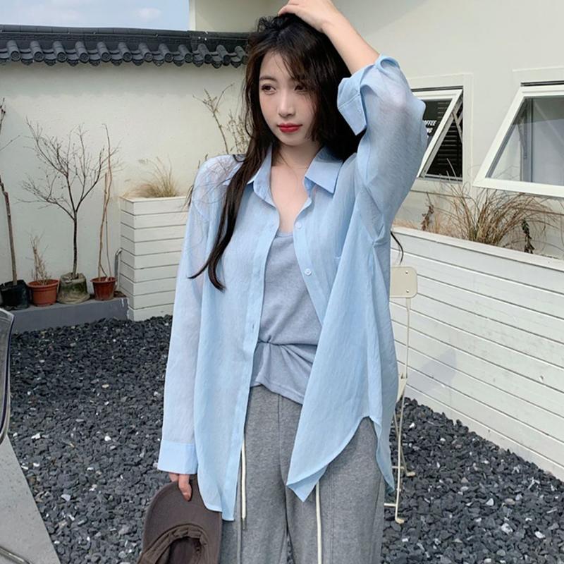 Летние корейские рубашки с защитой от солнца для женщин, тонкая блузка, женская рубашка с длинным рукавом, свободная пляжная рубашка