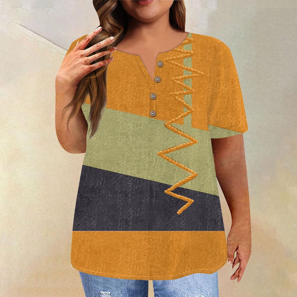 Fashion Short Sleeve Shirt Round Neck Plus Size T-Shirt Geometric Splicing Printed Casual Tops For Women