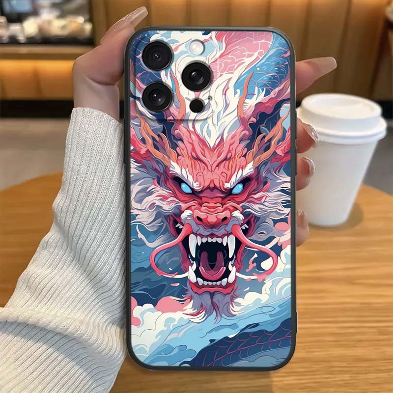 Дизайн с драконом в стиле аниме для Apple iPhone 17 16 16E 15 14 13 12 11 Pro Max Plus Черный Мягкий Силиконовый Чехол для Телефона