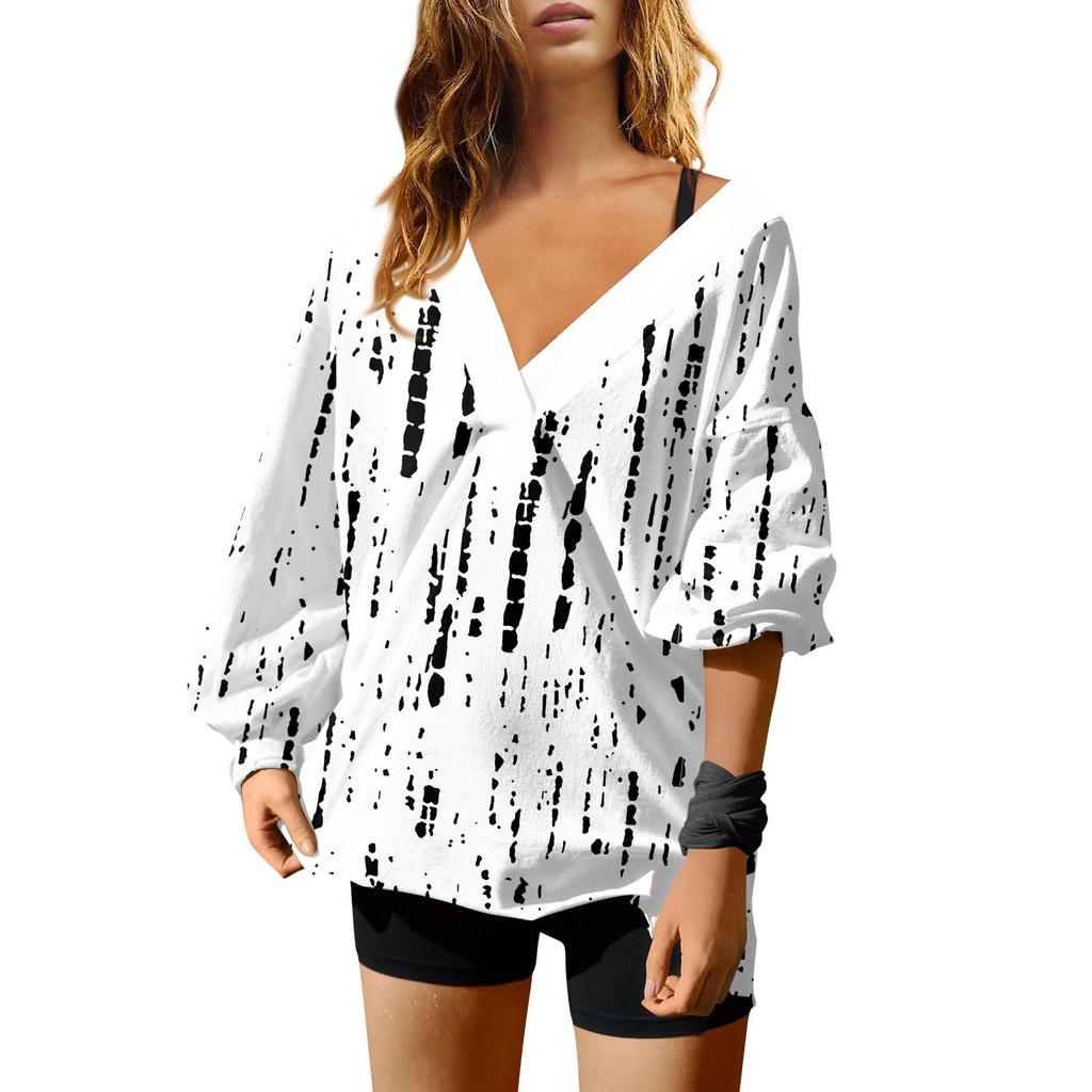 Женская мода V-образный вырез длинный рукав принтованный свободный пуловер свитшот топ