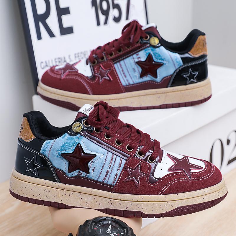 2024 Новые винно-красные туфли с индивидуальными ювелирными украшениями Star Shoes China-Chic Design Универсальные мужские туфли для скейтбординга на толстой подошве Женские туфли 44 размера