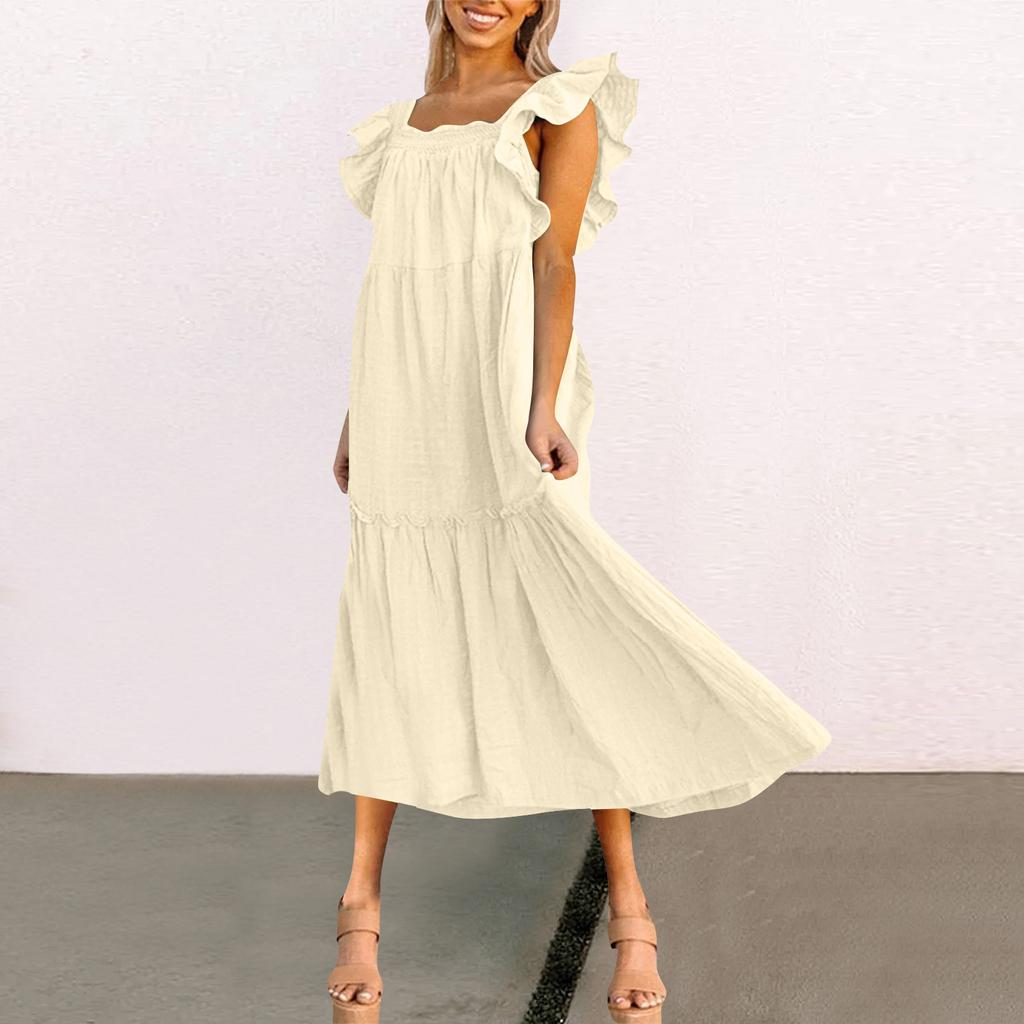 Женское весенне-летнее платье с квадратным вырезом и открытыми плечами, элегантное платье с юбкой с рюшами