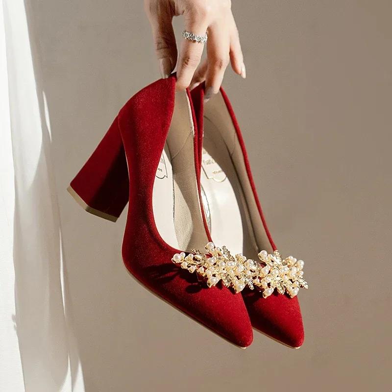 Fashion Spring/Summer/Autumn Wedding Shoes Women's Thick Heels 2024 New Bride Red Suede Wedding Shoes