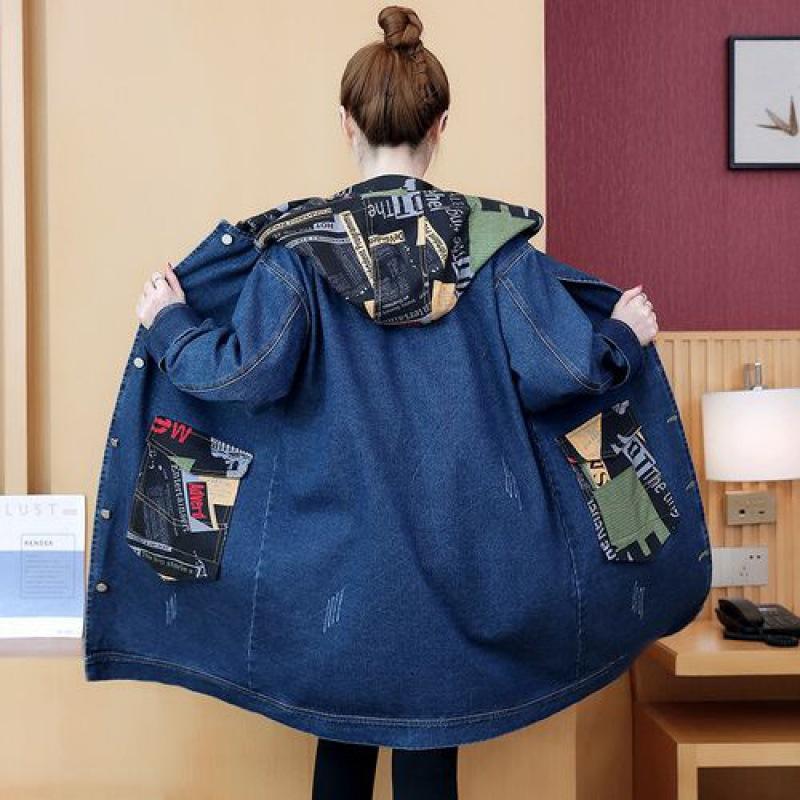 Весенне-осенняя джинсовая куртка женская ветровка с капюшоном пальто с мультяшным принтом длинная верхняя одежда женское свободное пальто больших размеров 5XL