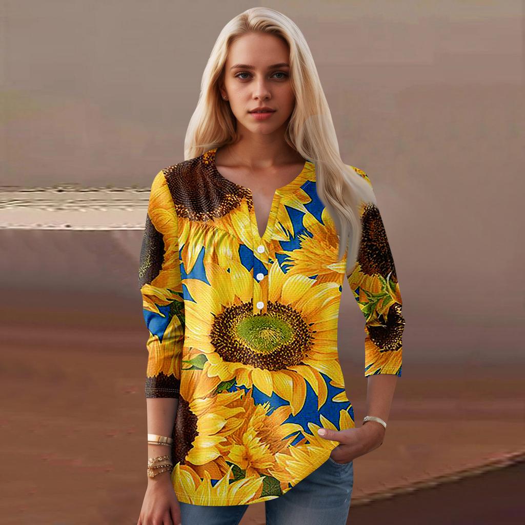 Женская мода повседневный топ с длинным рукавом и круглым вырезом с цветочным принтом