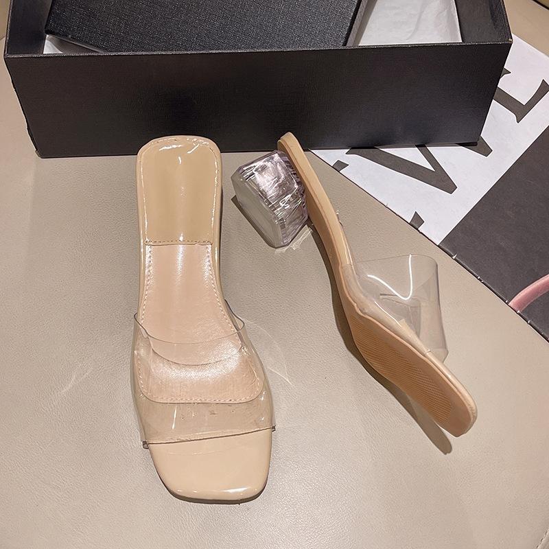 Женские туфли на высоком каблуке сексуальные хрустальные толстый каблук прозрачные крутые шлепанцы для улицы с высоким чувством ниши летние новые корейская версия