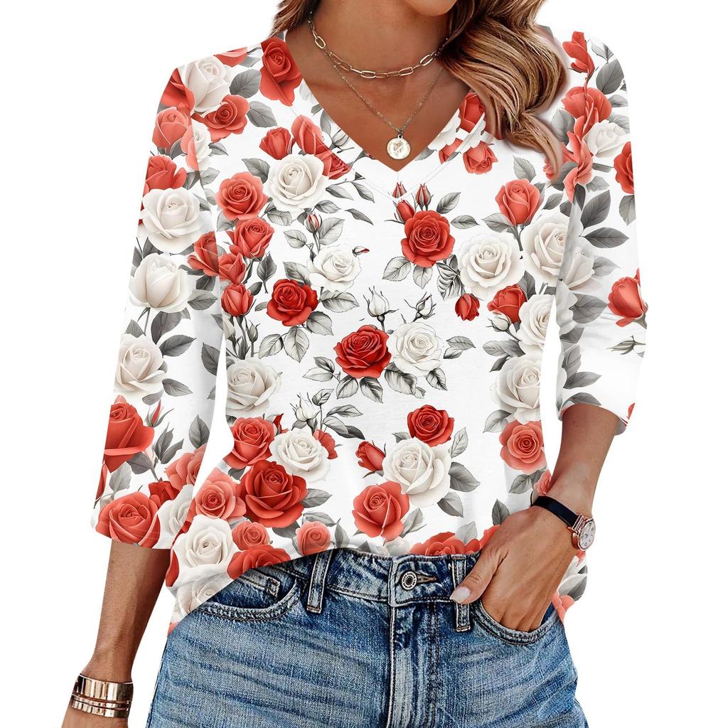 Женская футболка с принтом, рукав 3/4, повседневная мода на выходные, базовый топ с V-образным вырезом
